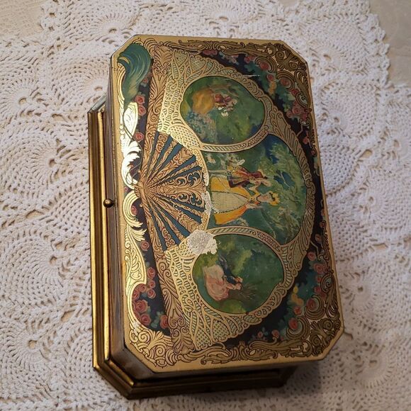Vintage Metal Hinged Artstyle Chocolates Candy Box Tin w/ Victorian Scenes - Picture 2 of 14